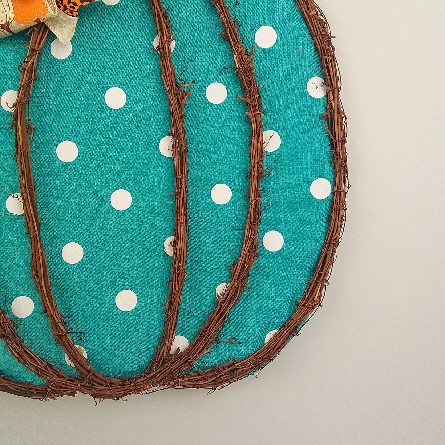 Turquoise Fall Decoration - Polka Dot Pumpkin Door Hanger Gifts - Fall Thanksgiving Grapevine Wreath - Halloween Door Hanger Oversized Bow Jute Burlap Door Decor; White Brown White
