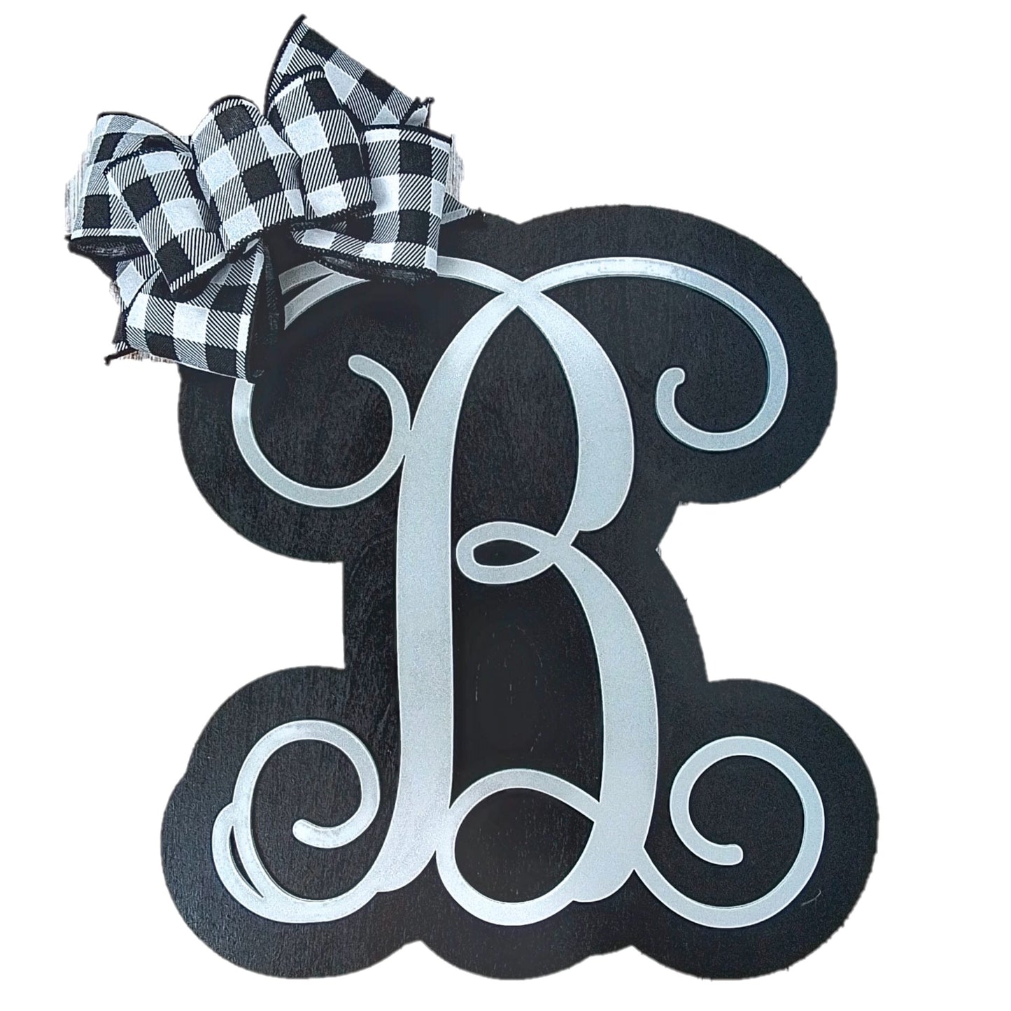 Monogrammed Birthday Gift | White Black Initial Letter Door Hanger Wreath with Bow - LOTS OF COLORS