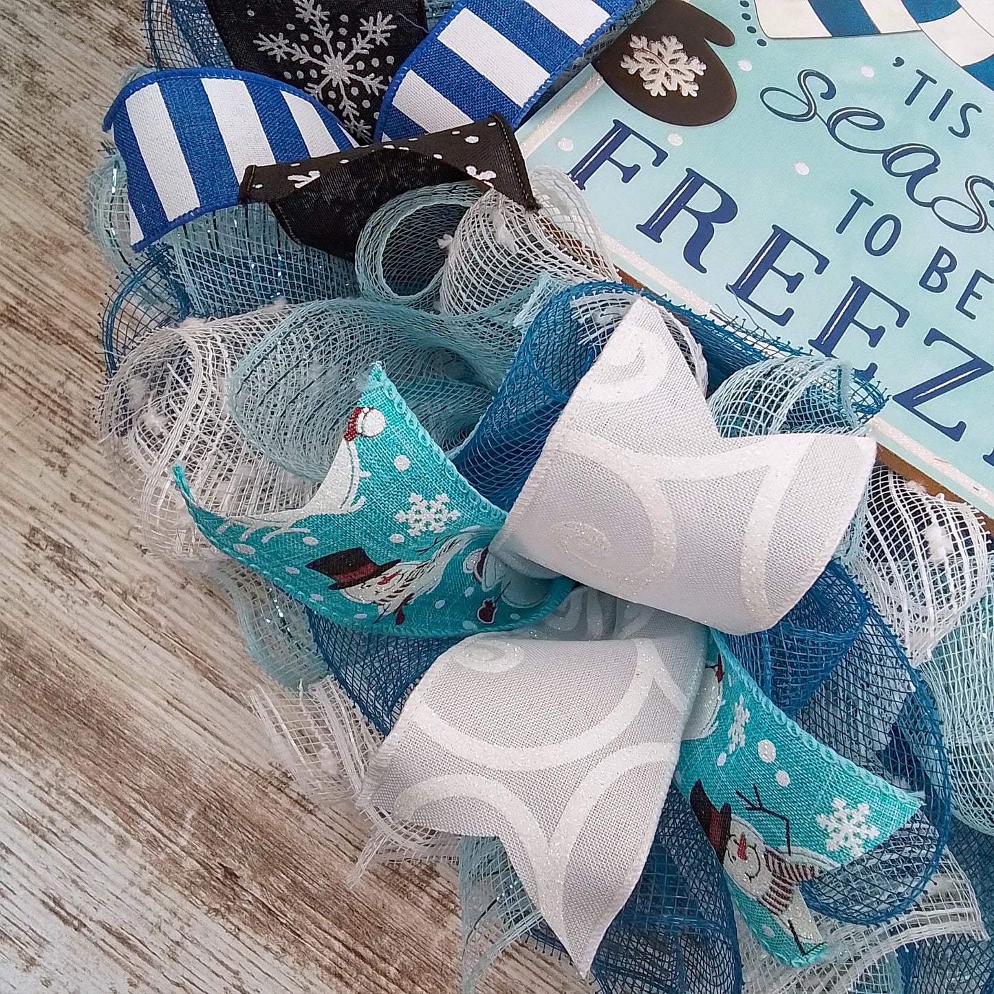 Freezin Winter Snowman Wreaths - Blue Cold Front Door Wreath - Outdoor Christmas Decor - White Turquoise Blue Silver