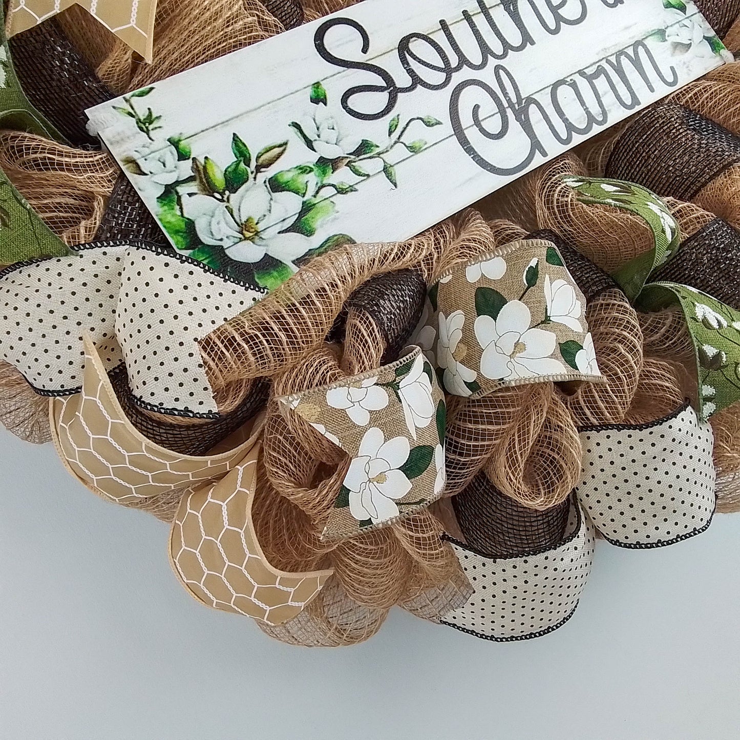 Southern Charm Magnolia Wreath - Black Green Spring Burlap Decor - Wedding Gift - Moss Burlap White