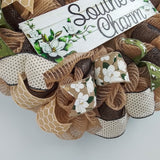 Southern Charm Magnolia Wreath - Black Green Spring Burlap Decor - Wedding Gift - Moss Burlap White