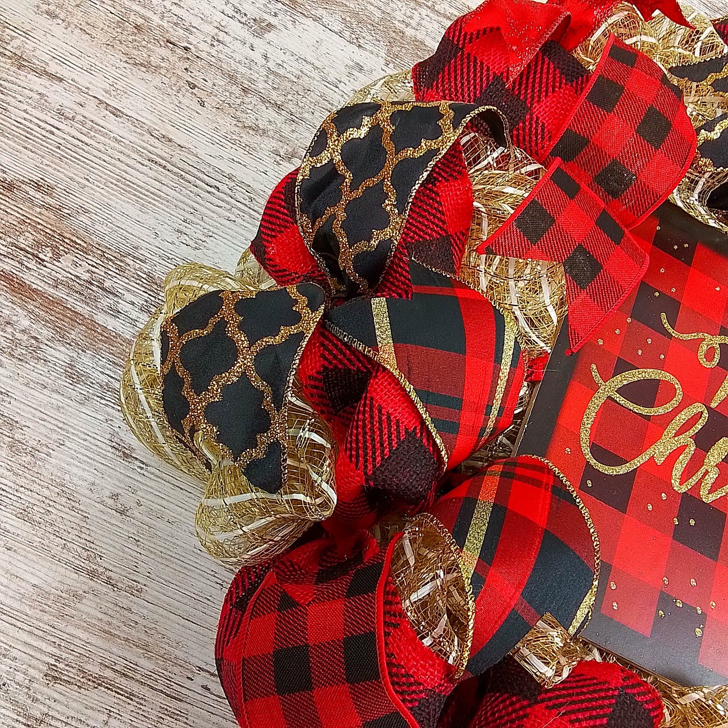 Black Red Gold Christmas Wreath - Burlap Buffalo Plaid Decor