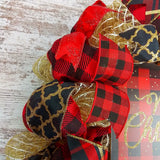 Black Red Gold Christmas Wreath - Burlap Buffalo Plaid Decor