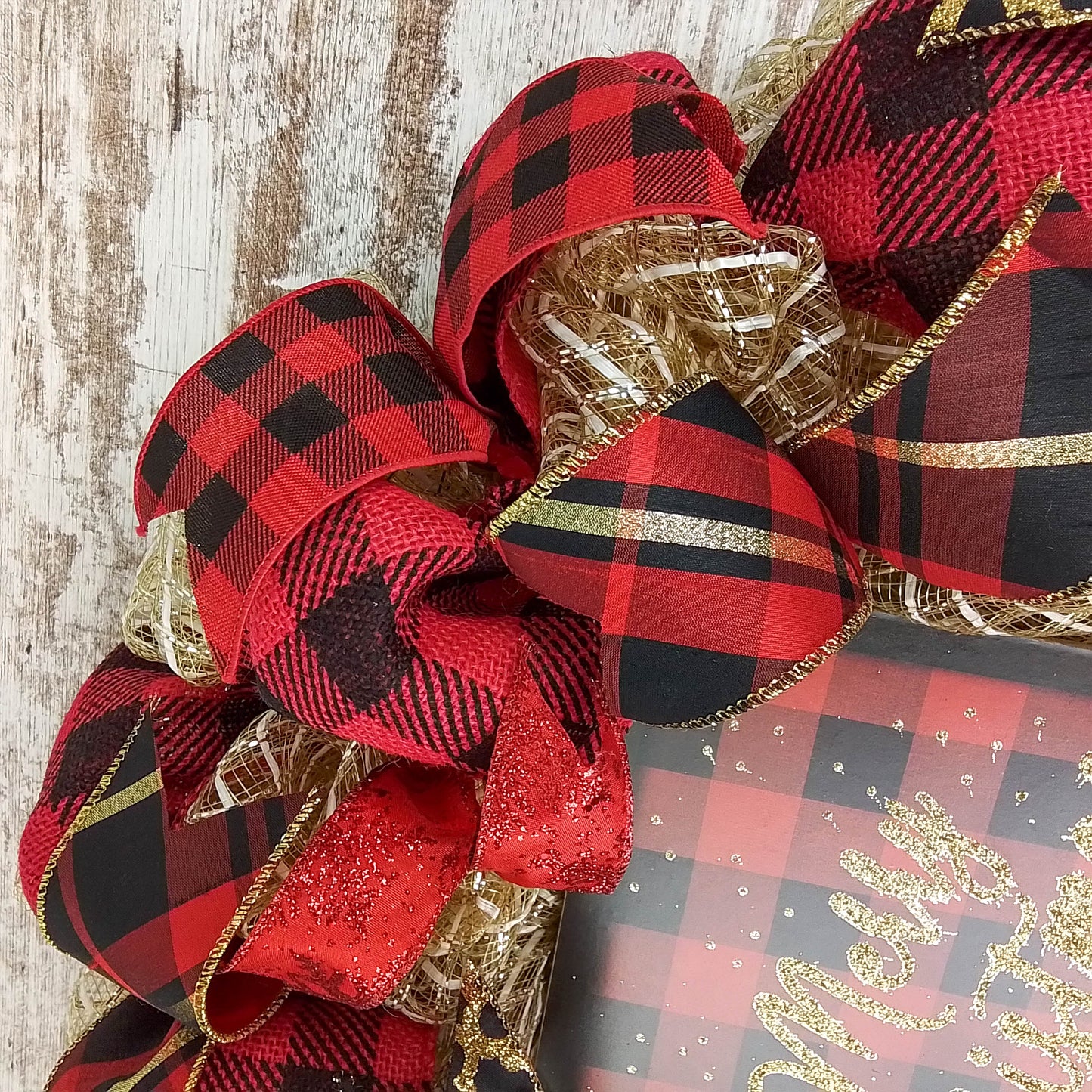 Black Red Gold Christmas Wreath - Burlap Buffalo Plaid Decor