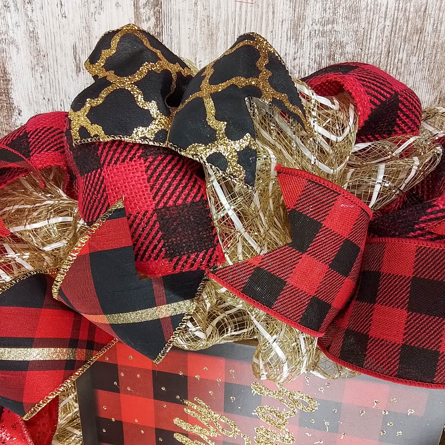 Black Red Gold Christmas Wreath - Burlap Buffalo Plaid Decor