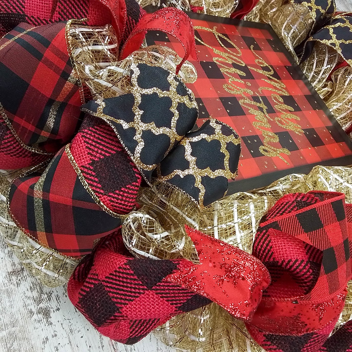 Black Red Gold Christmas Wreath - Burlap Buffalo Plaid Decor