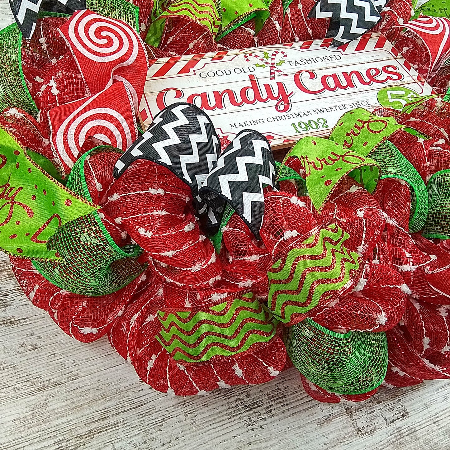 Peppermint Christmas Wreath - Holiday Front Door Decor - Candy Cane Red White Lime Green Black Mesh Decoration