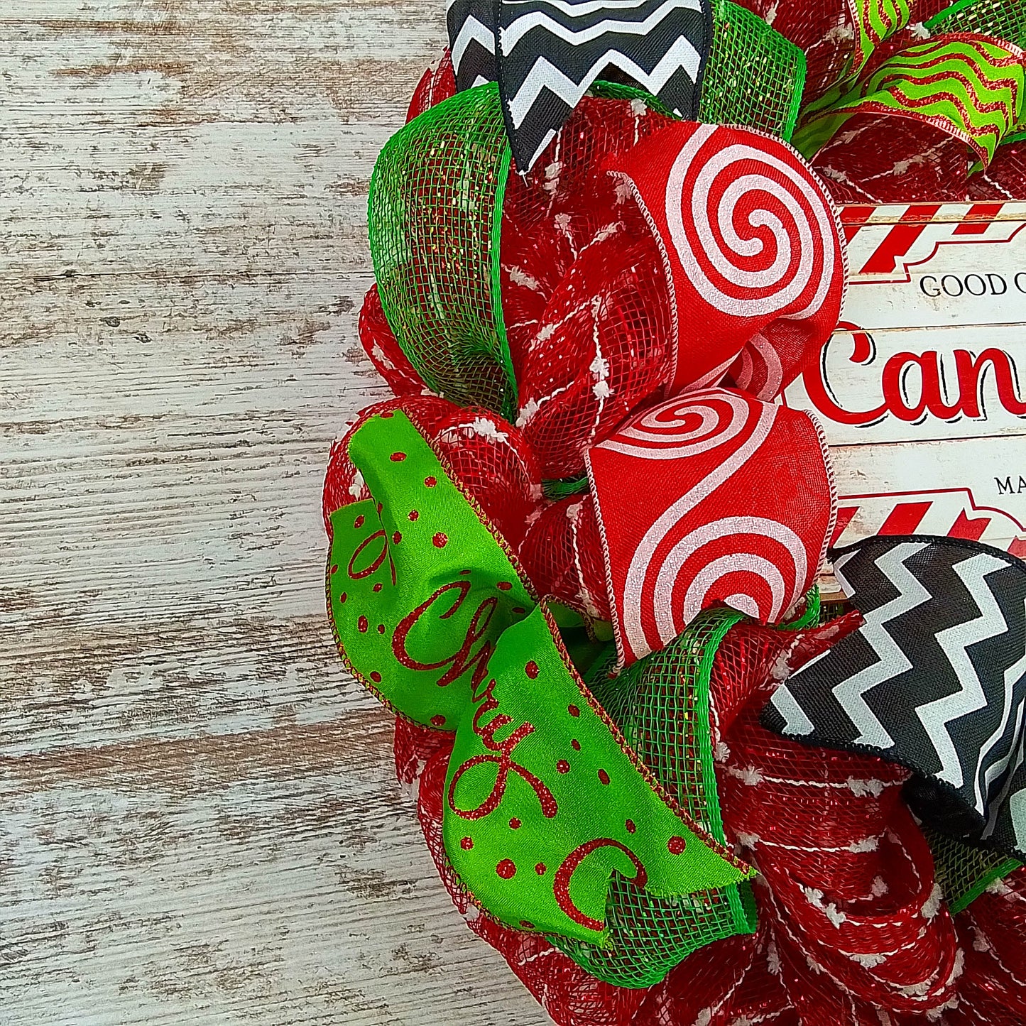 Peppermint Christmas Wreath - Holiday Front Door Decor - Candy Cane Red White Lime Green Black Mesh Decoration