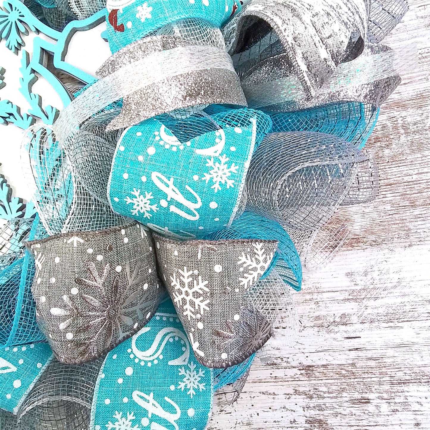 Winter Snowman Wreaths - Aqua Silver Snowflake Cold Front Door Wreath - Outdoor Christmas Decor - White Turquoise Blue Silver