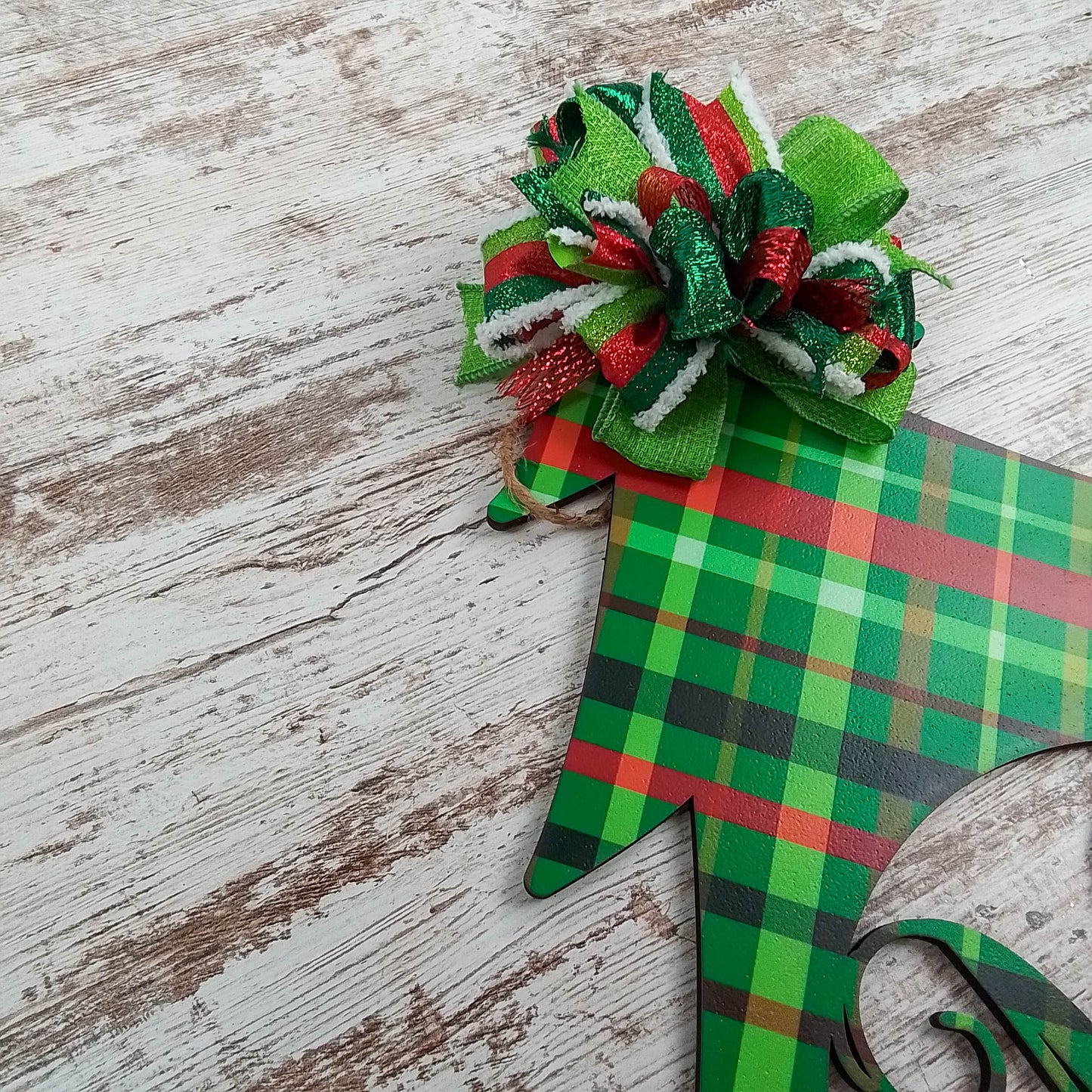 Bright Lime and Red Plaid Door Hanger, Personalized Monogram Decor, Perfect for Thin Storm Doors