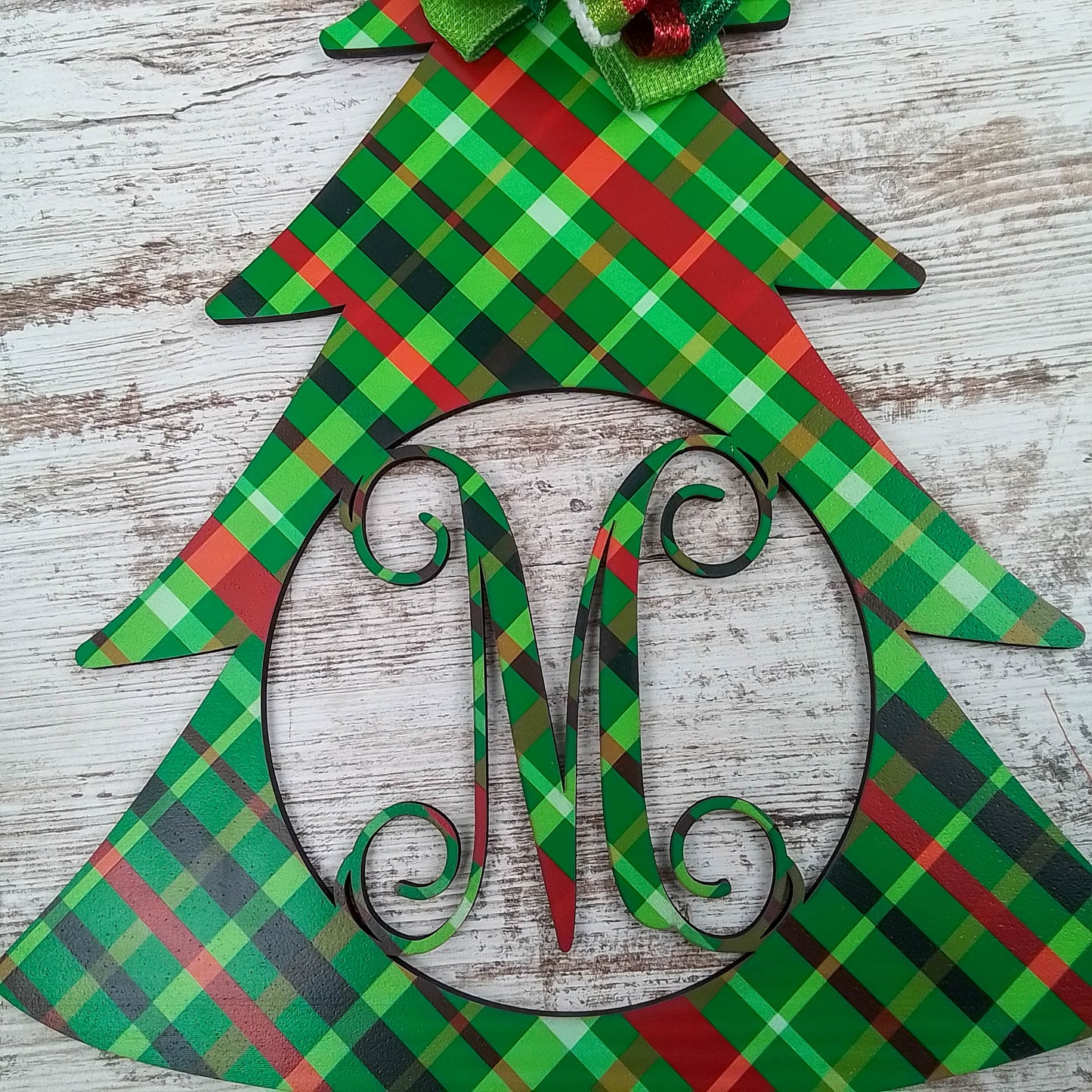 Bright Lime and Red Plaid Door Hanger, Personalized Monogram Decor, Perfect for Thin Storm Doors
