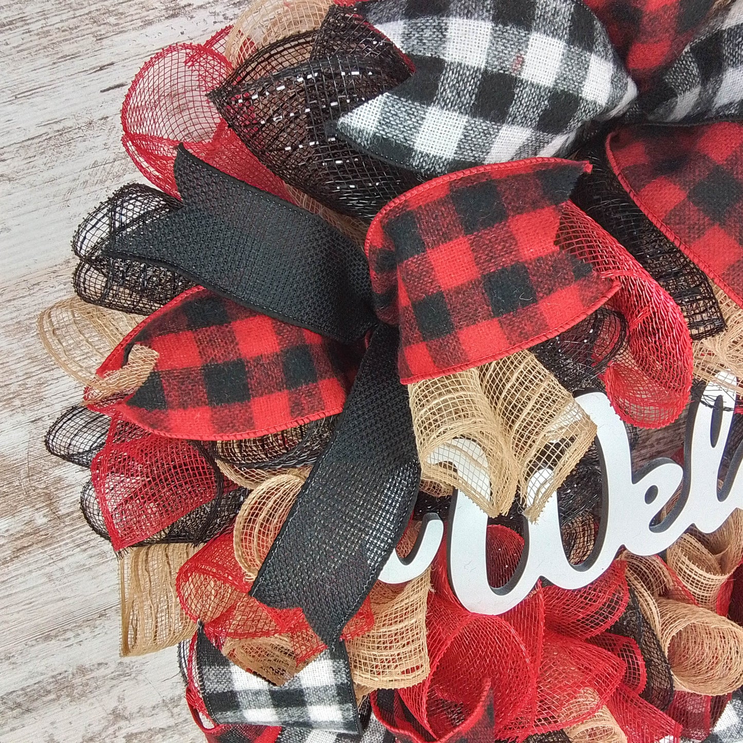Buffalo Plaid Check Wreath - Front Door Outdoor Mesh Christmas Decor Red Black Burlap