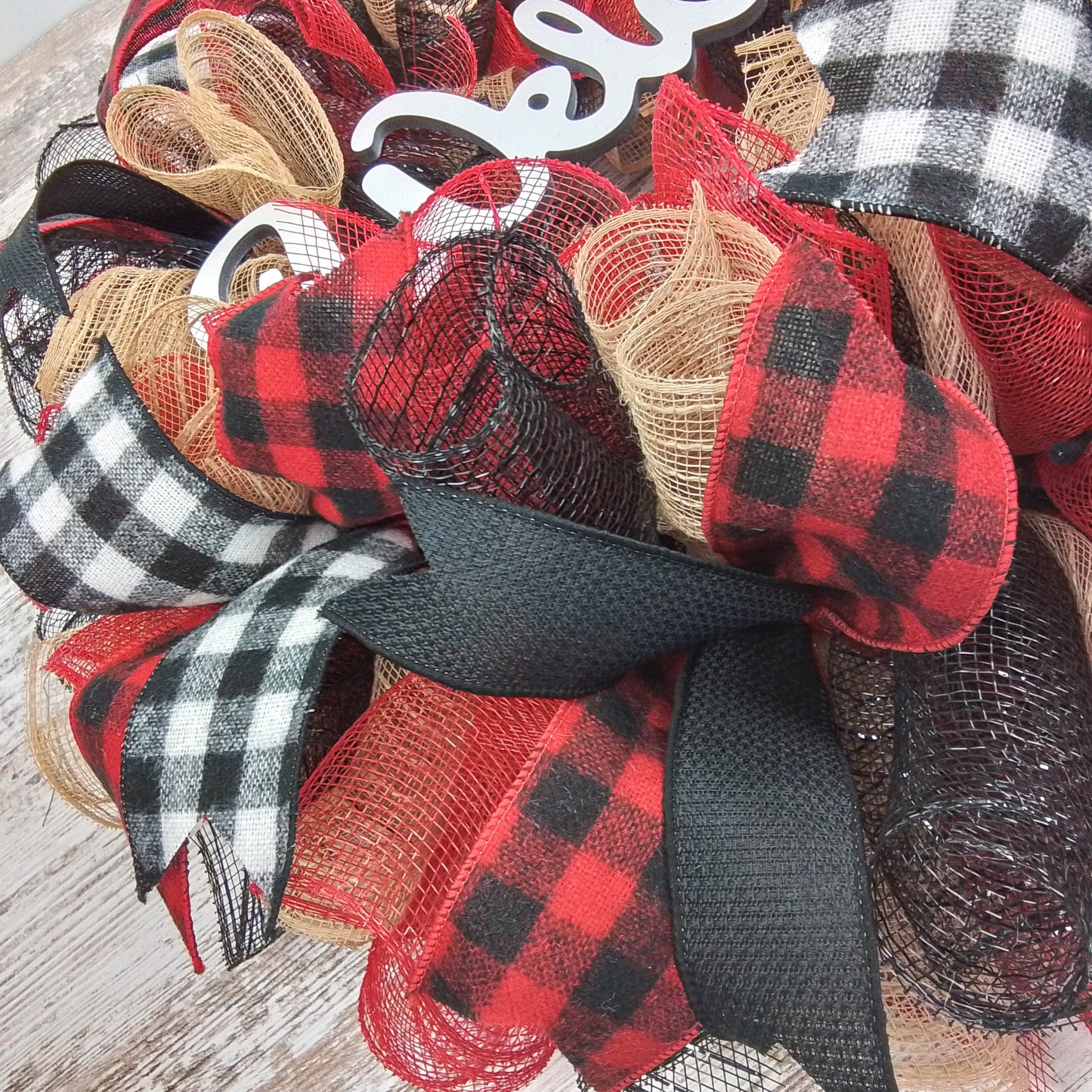 Buffalo Plaid Check Wreath - Front Door Outdoor Mesh Christmas Decor Red Black Burlap