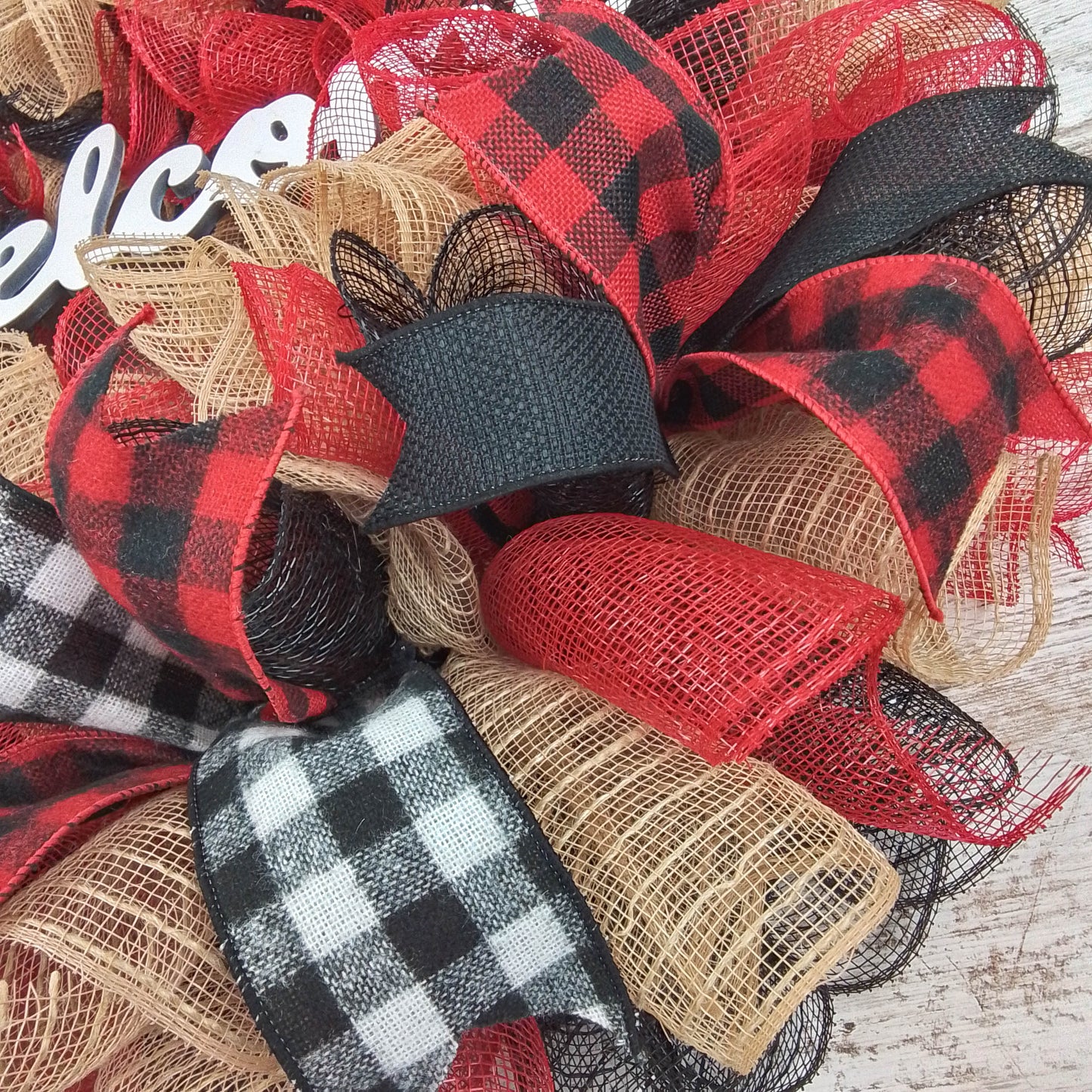 Buffalo Plaid Check Wreath - Front Door Outdoor Mesh Christmas Decor Red Black Burlap