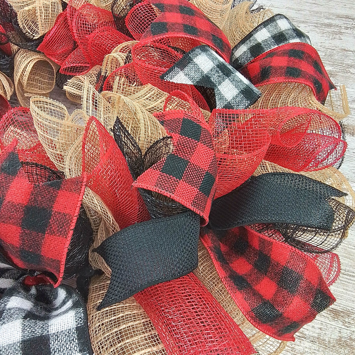 Buffalo Plaid Check Wreath - Front Door Outdoor Mesh Christmas Decor Red Black Burlap