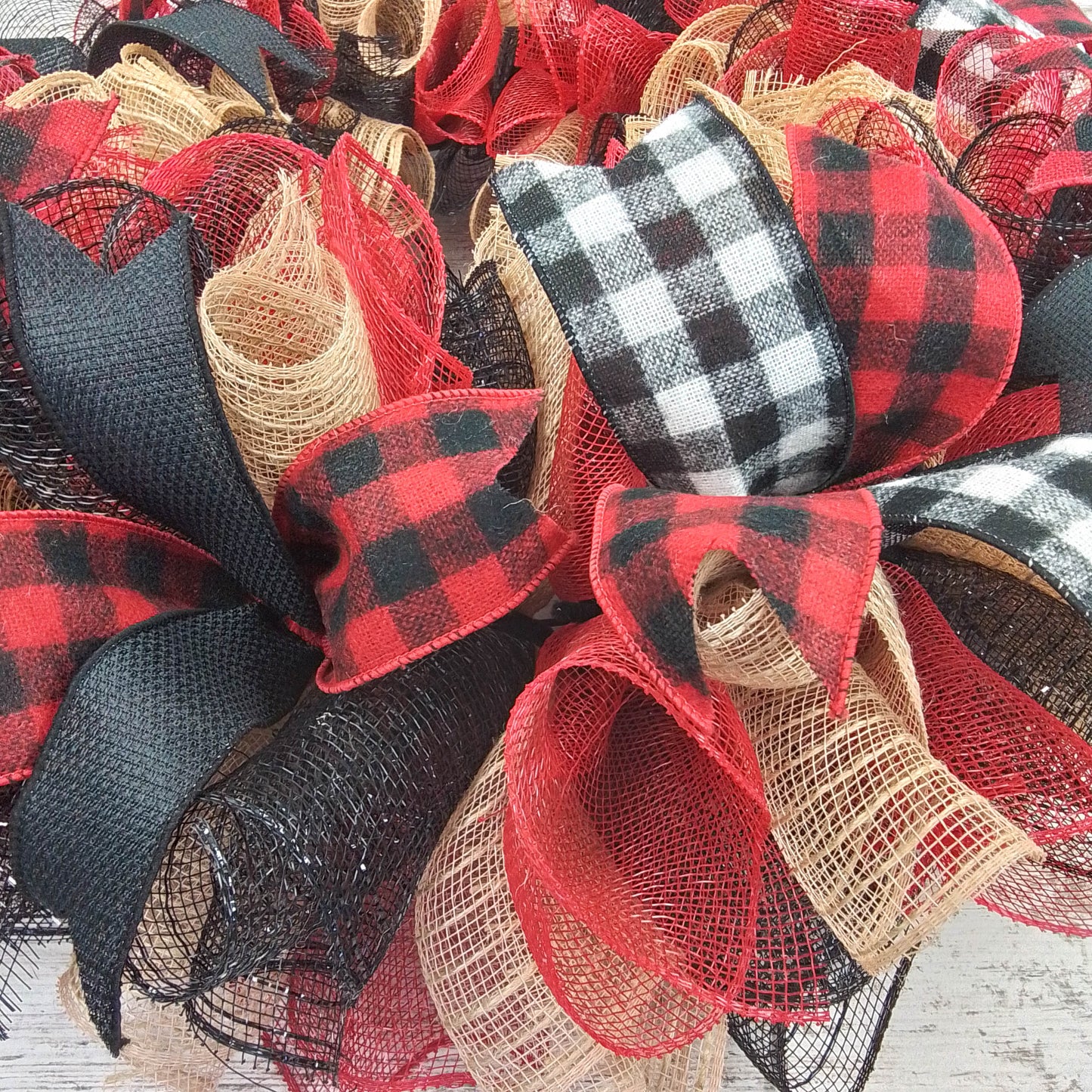 Buffalo Plaid Check Wreath - Front Door Outdoor Mesh Christmas Decor Red Black Burlap