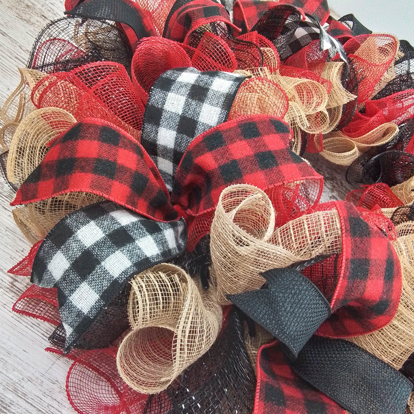 Buffalo Plaid Check Wreath - Front Door Outdoor Mesh Christmas Decor Red Black Burlap