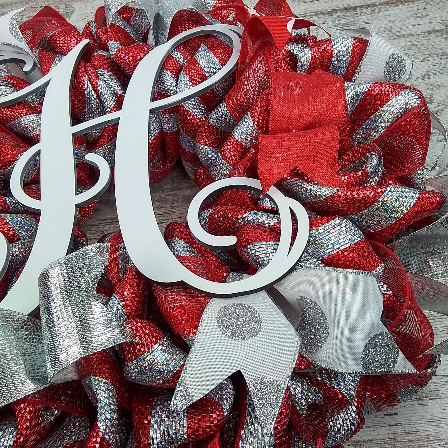 Monogrammed Christmas Wreath | Silver Red Front Door Wreath