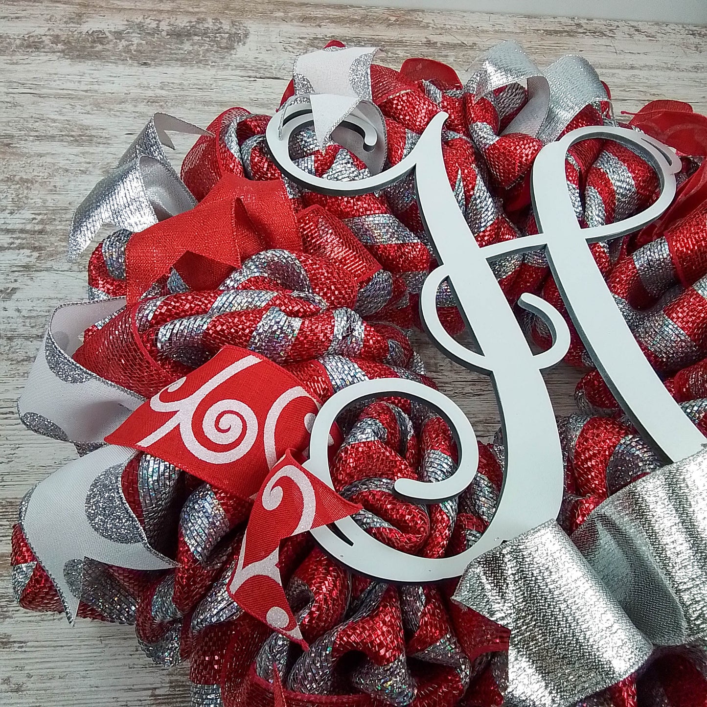 Monogrammed Christmas Wreath | Silver Red Front Door Wreath