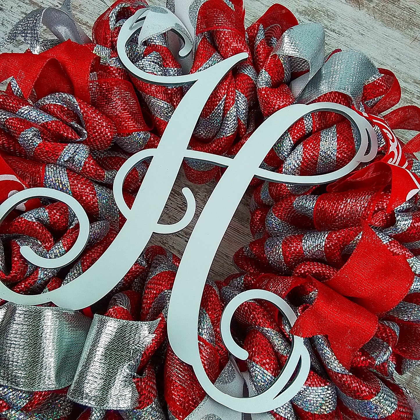 Monogrammed Christmas Wreath | Silver Red Front Door Wreath