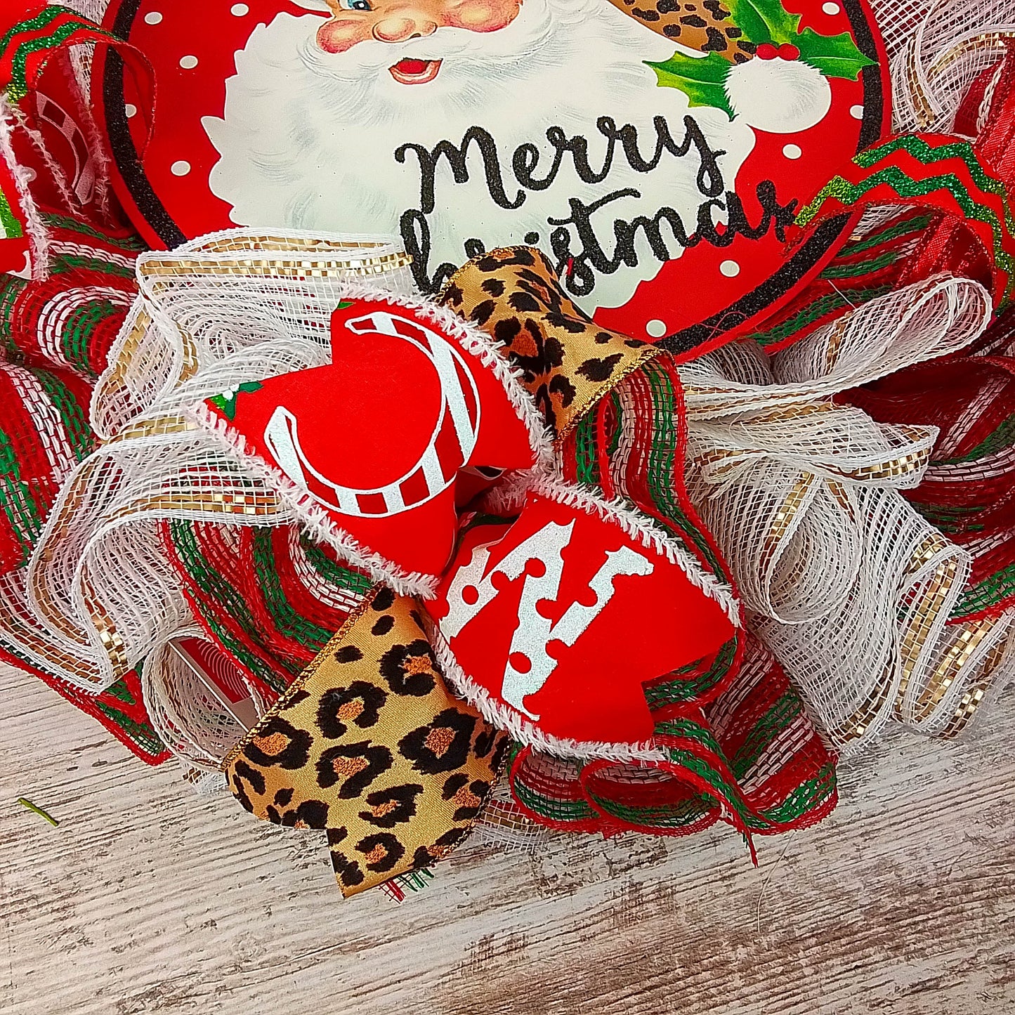 Merry Christmas Santa Claus Wreath - Animal Print Cheetah SantaClaus Christmas Front Door Wreaths - Outdoor Decor - White Red Brown Green