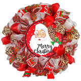 Merry Christmas Santa Claus Wreath - Animal Print Cheetah SantaClaus Christmas Front Door Wreaths - Outdoor Decor - White Red Brown Green