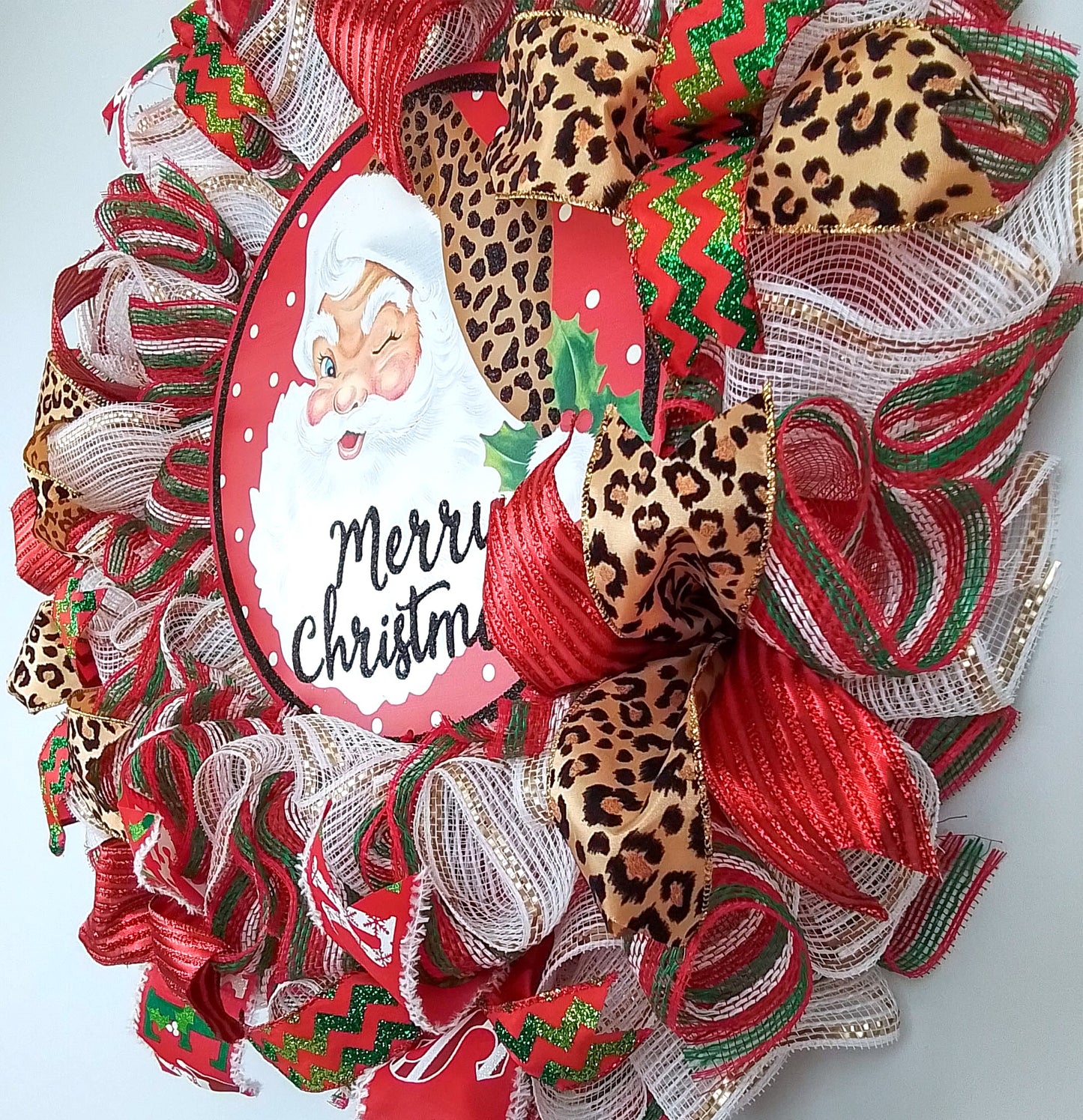 Merry Christmas Santa Claus Wreath - Animal Print Cheetah SantaClaus Christmas Front Door Wreaths - Outdoor Decor - White Red Brown Green