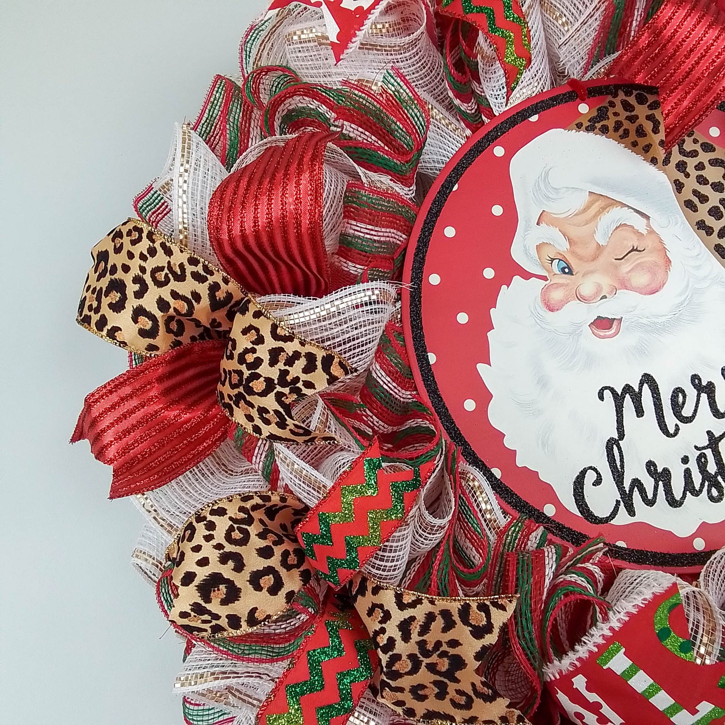 Merry Christmas Santa Claus Wreath - Animal Print Cheetah SantaClaus Christmas Front Door Wreaths - Outdoor Decor - White Red Brown Green