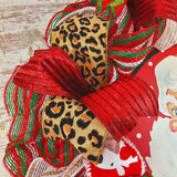 Merry Christmas Santa Claus Wreath - Animal Print Cheetah SantaClaus Christmas Front Door Wreaths - Outdoor Decor - White Red Brown Green