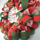 Elf Watch Christmas Front Door Wreath - House Welcoming Kid Friendly Decoration - Red Green Ivory