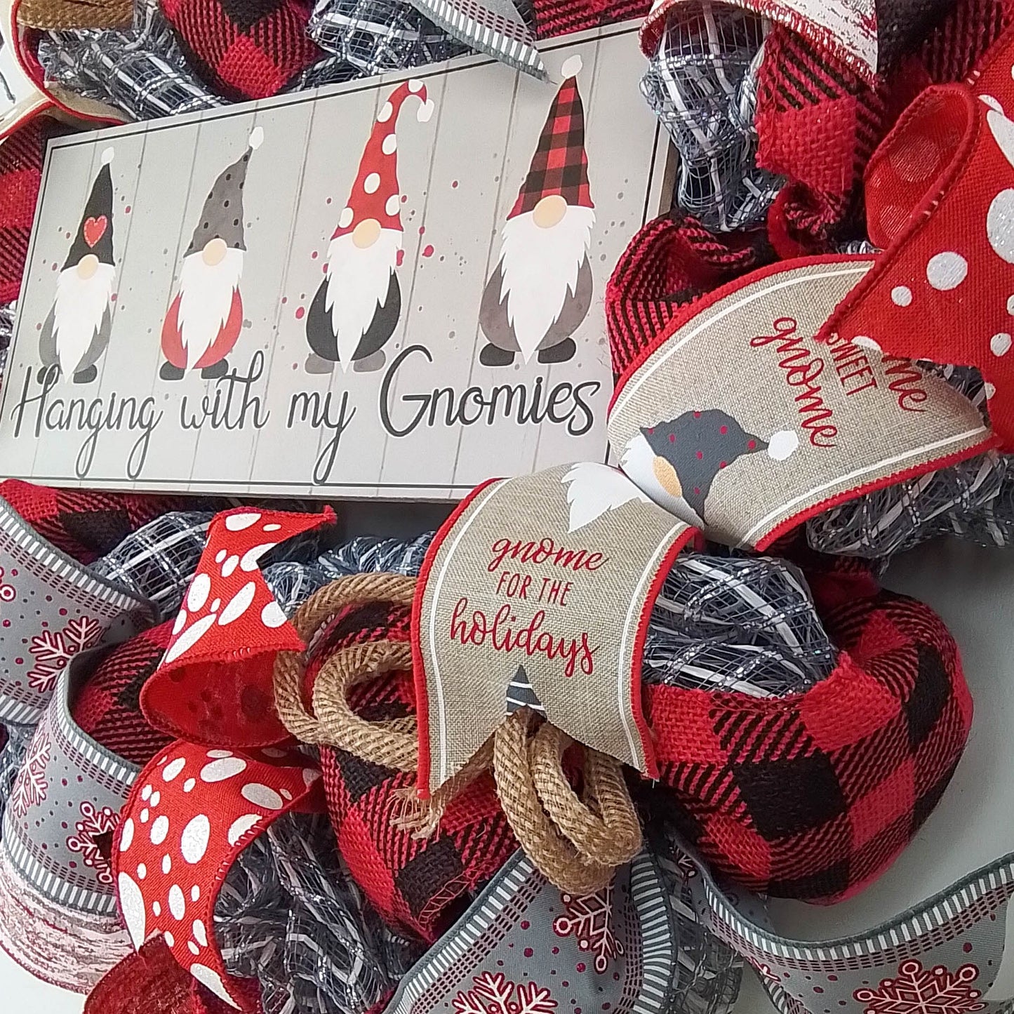 Gnome Christmas Farmhouse Wreath - Holiday Wreath Front Door Decor - White Red Burlap Grey Silver