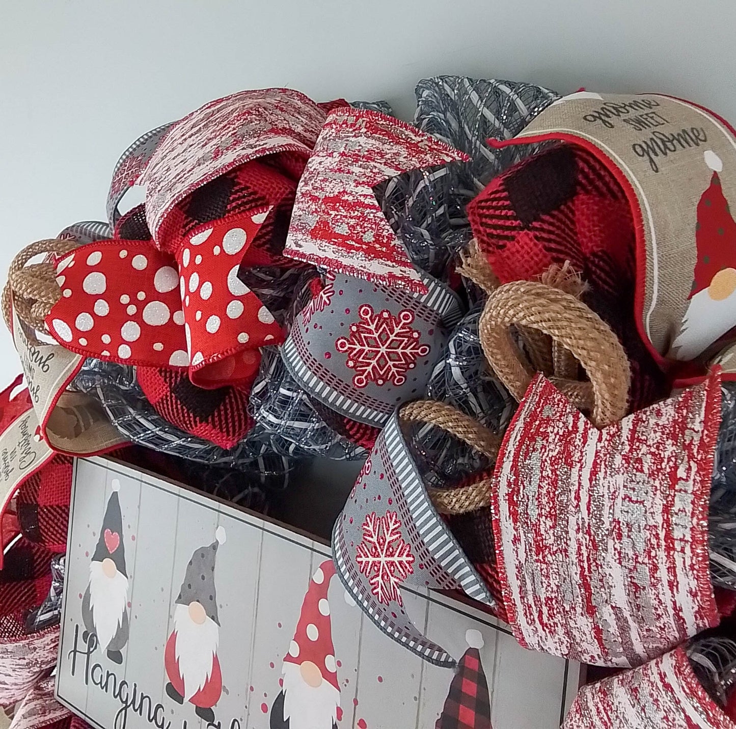 Gnome Christmas Farmhouse Wreath - Holiday Wreath Front Door Decor - White Red Burlap Grey Silver