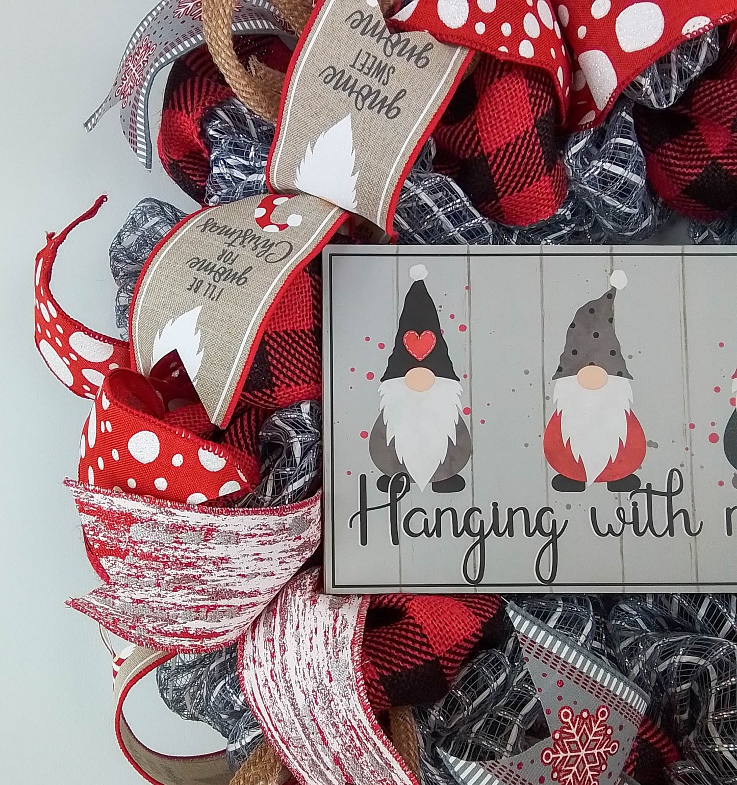 Gnome Christmas Farmhouse Wreath - Holiday Wreath Front Door Decor - White Red Burlap Grey Silver