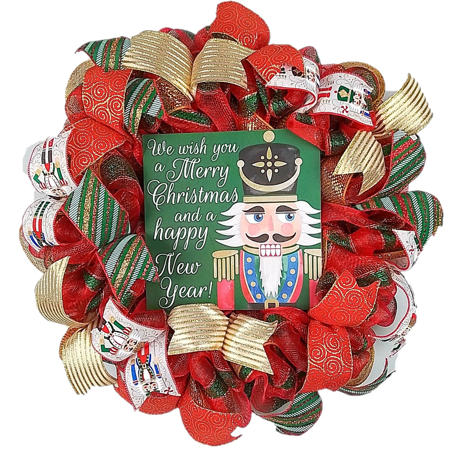 Nutcracker Christmas Front Door Wreath - Nut Cracker Holiday Decor - Red Gold Green