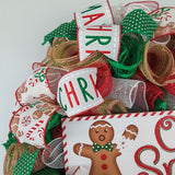 Oh Snap Gingerbread Wreath - Outdoor Christmas Wreath | Mesh Front Door Wreath | Red Brown White Green