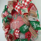 Winter Barn Christmas Mesh Wreath - Farmhouse Outdoor Front Door Decoration - Red Green White