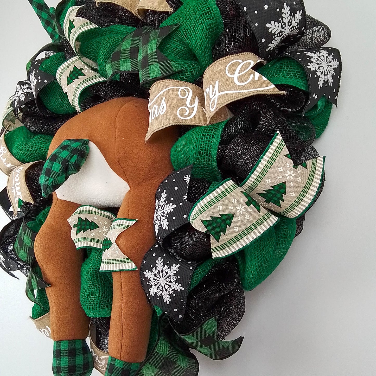 Reindeer Wreath - Green and Black Buffalo Plaid Burlap Christmas Decor