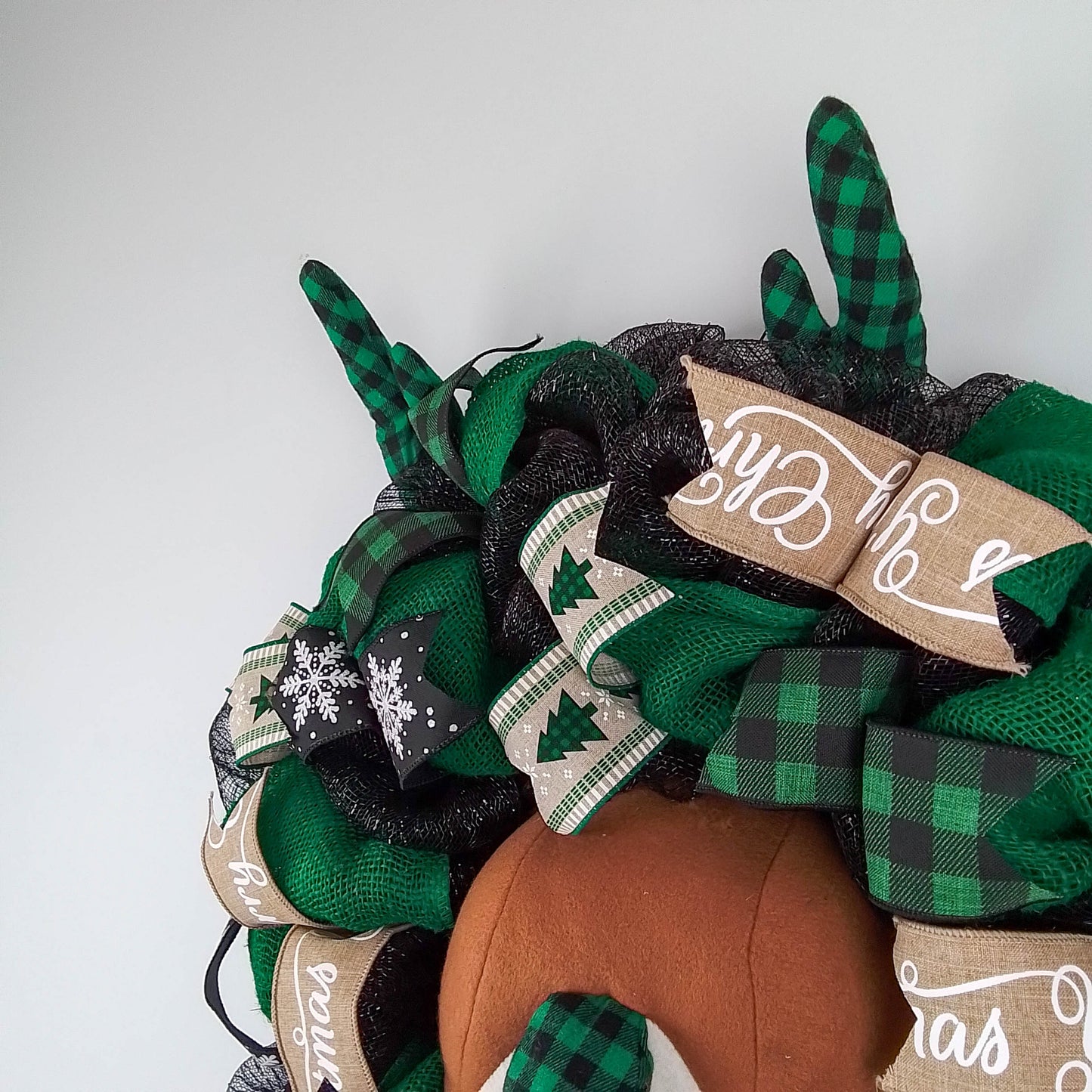 Reindeer Wreath - Green and Black Buffalo Plaid Burlap Christmas Decor