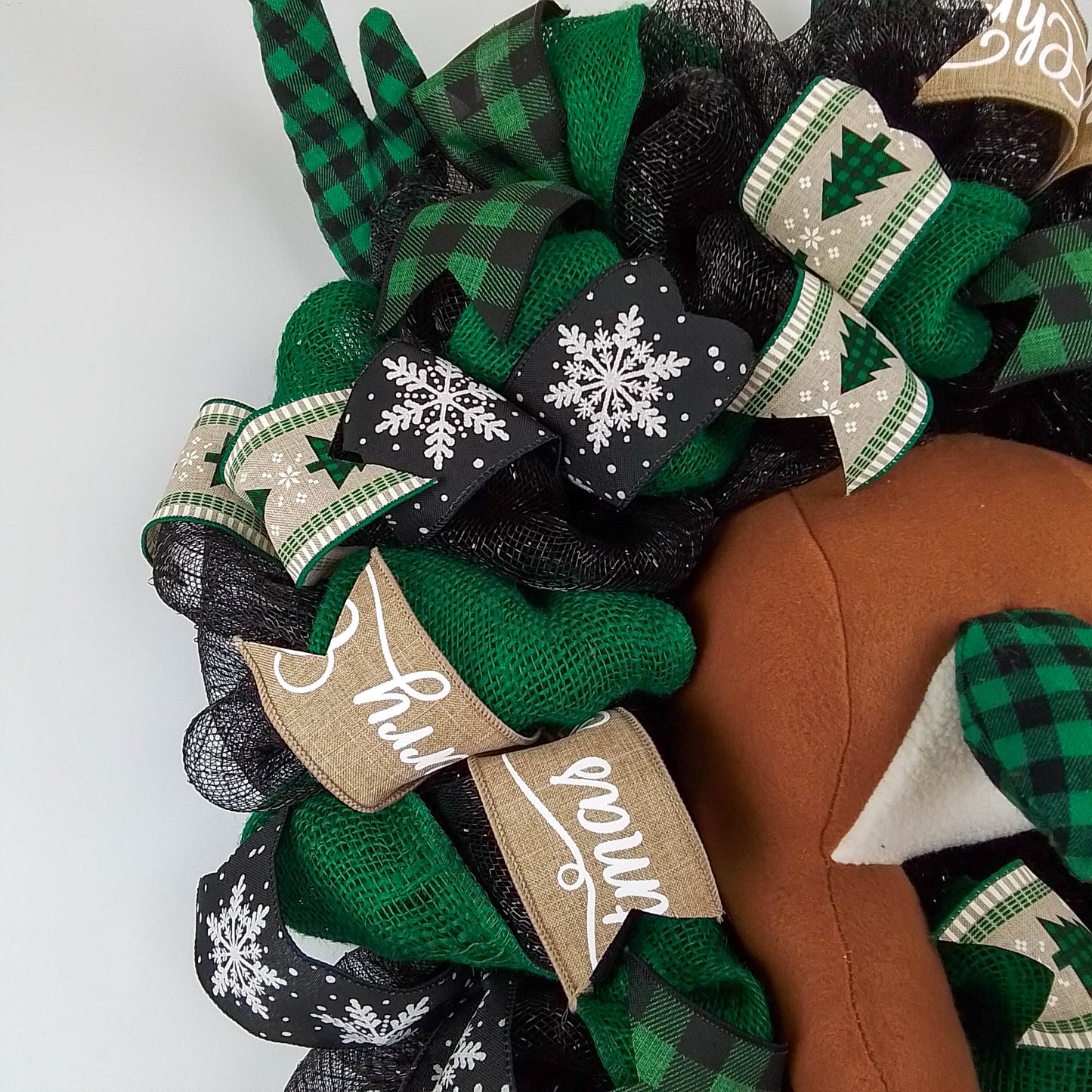 Reindeer Wreath - Green and Black Buffalo Plaid Burlap Christmas Decor