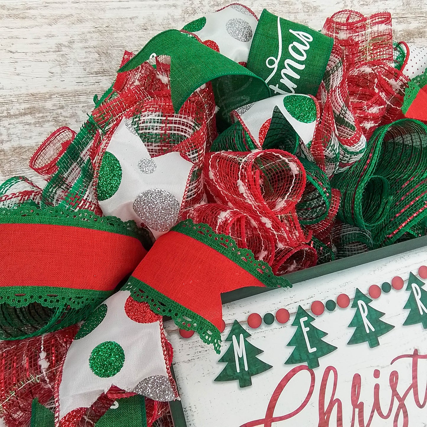 Merry Christmas Wreath - Xmas Holiday Decoration Front Door Wreaths - Red Emerald Green White Christmas Trees