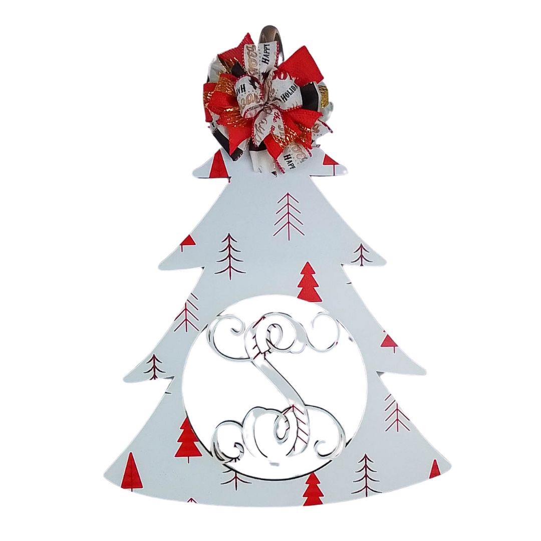 Customizable Wooden Door Hanger, Christmas Tree Design, Monogrammed Holiday Decor