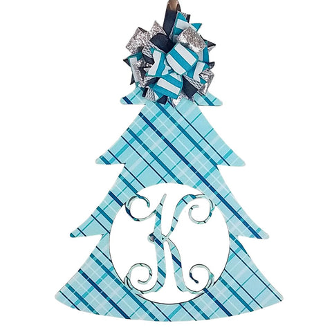 Personalized Monogram Door Hanger, Light Blue Christmas Tree, Festive Holiday Home Decor