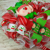 Elf Christmas Front Door Wreath | Holiday Mesh Wreath | Red White Lime Green