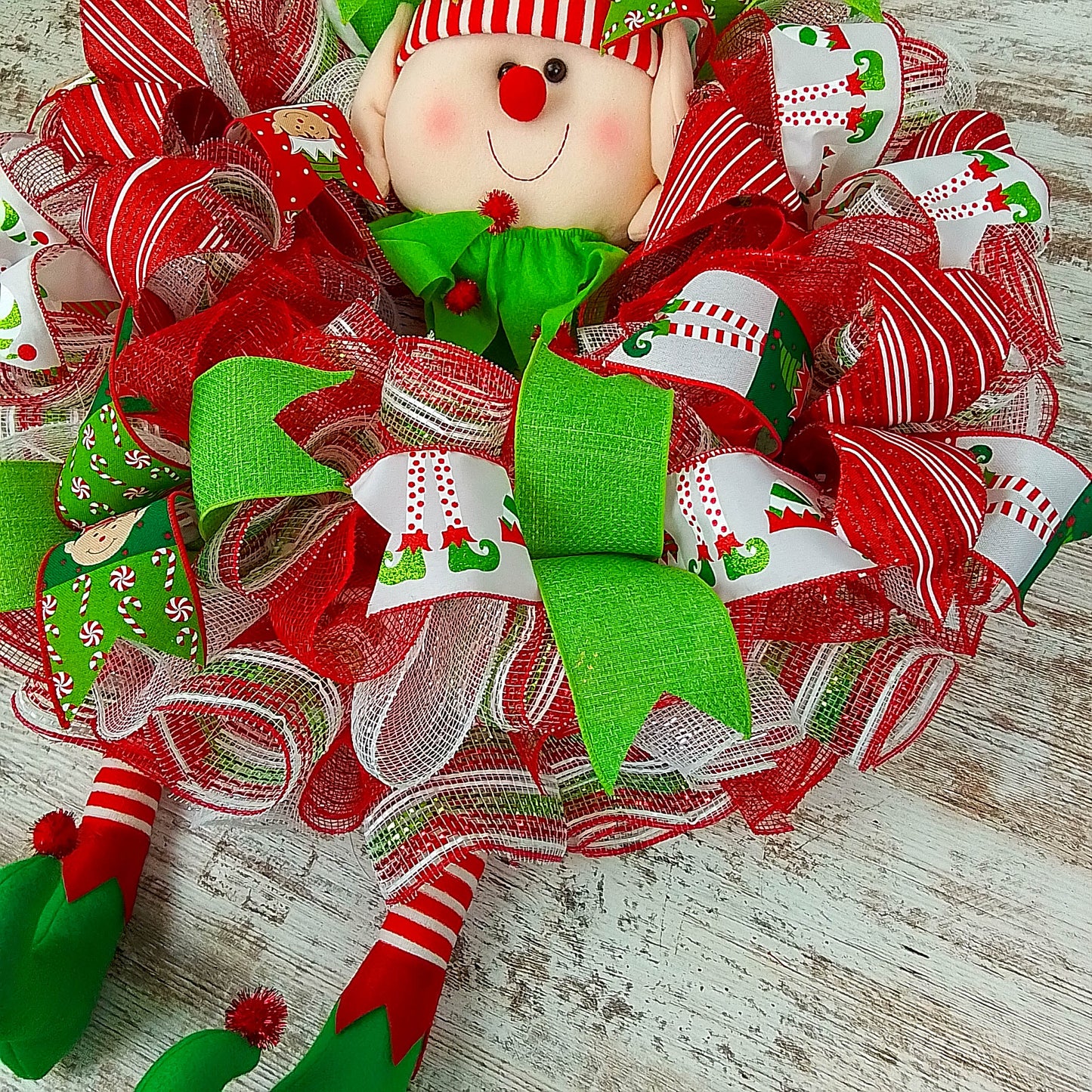 Elf Christmas Front Door Wreath | Holiday Mesh Wreath | Red White Lime Green