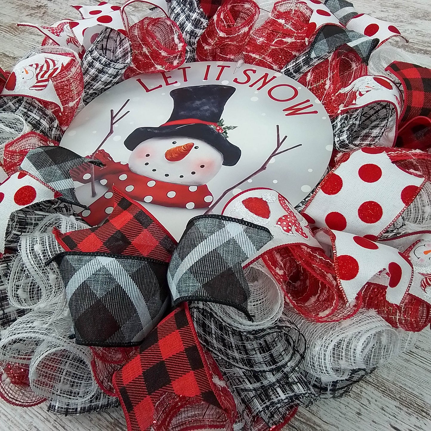 Snowman Wreath | Let It Snow Christmas Mesh Outdoor Front Door Wreath; White Red Black