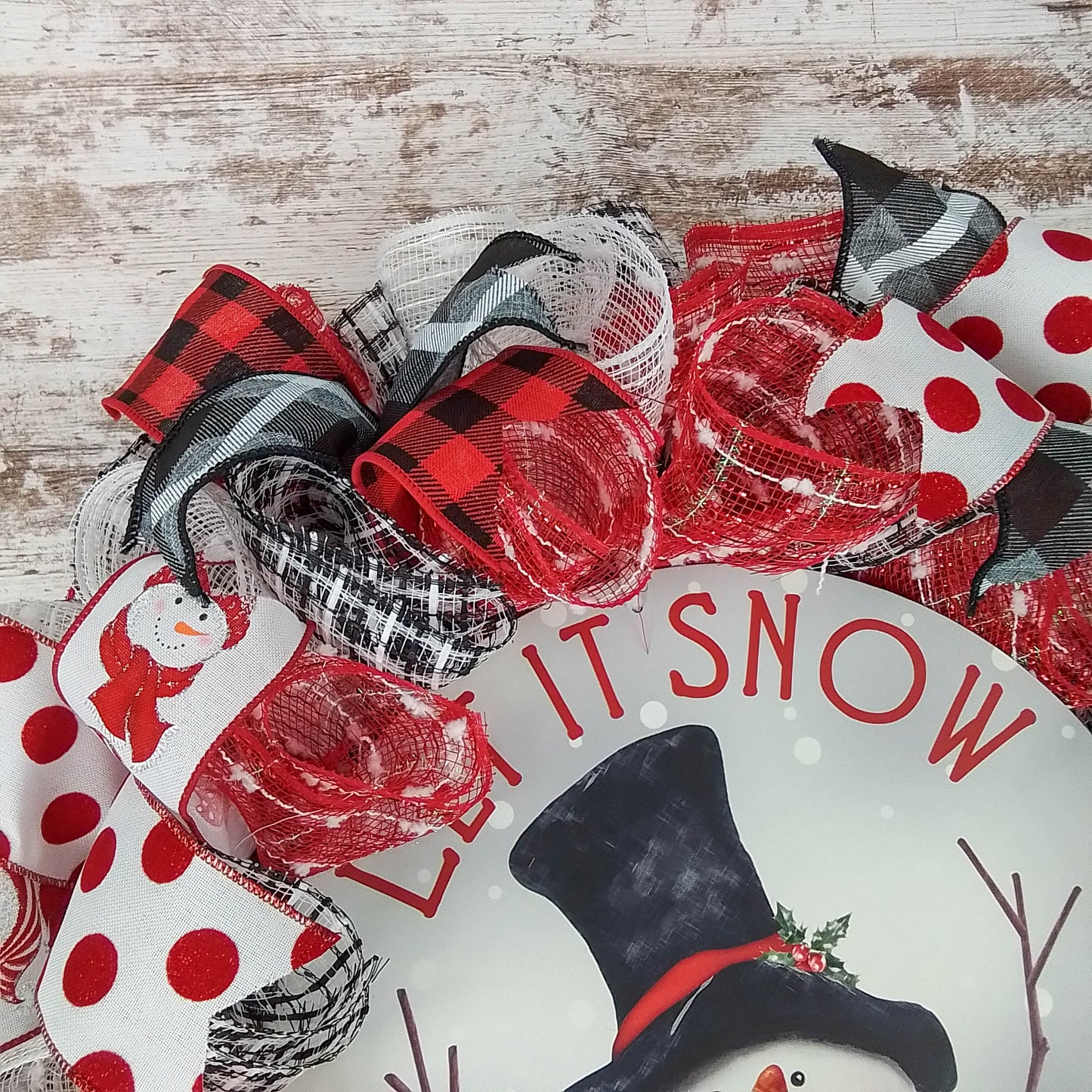 Snowman Wreath | Let It Snow Christmas Mesh Outdoor Front Door Wreath; White Red Black