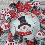 Snowman Wreath | Let It Snow Christmas Mesh Outdoor Front Door Wreath; White Red Black