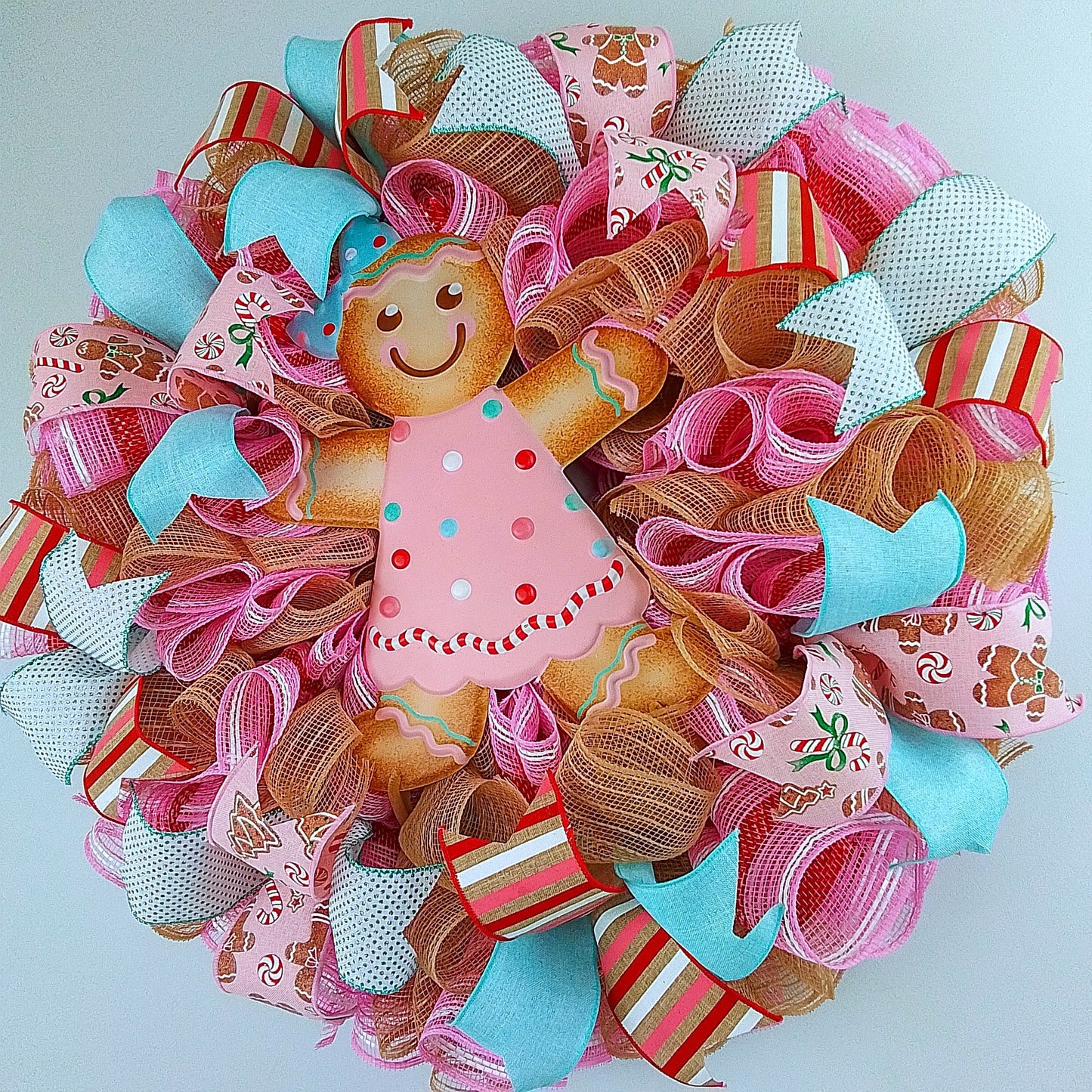 Pink Gingerbread Wreath - Christmas Outdoor Holiday Wreath - Mesh Front Door Wreath - Turquoise Red Brown White Green