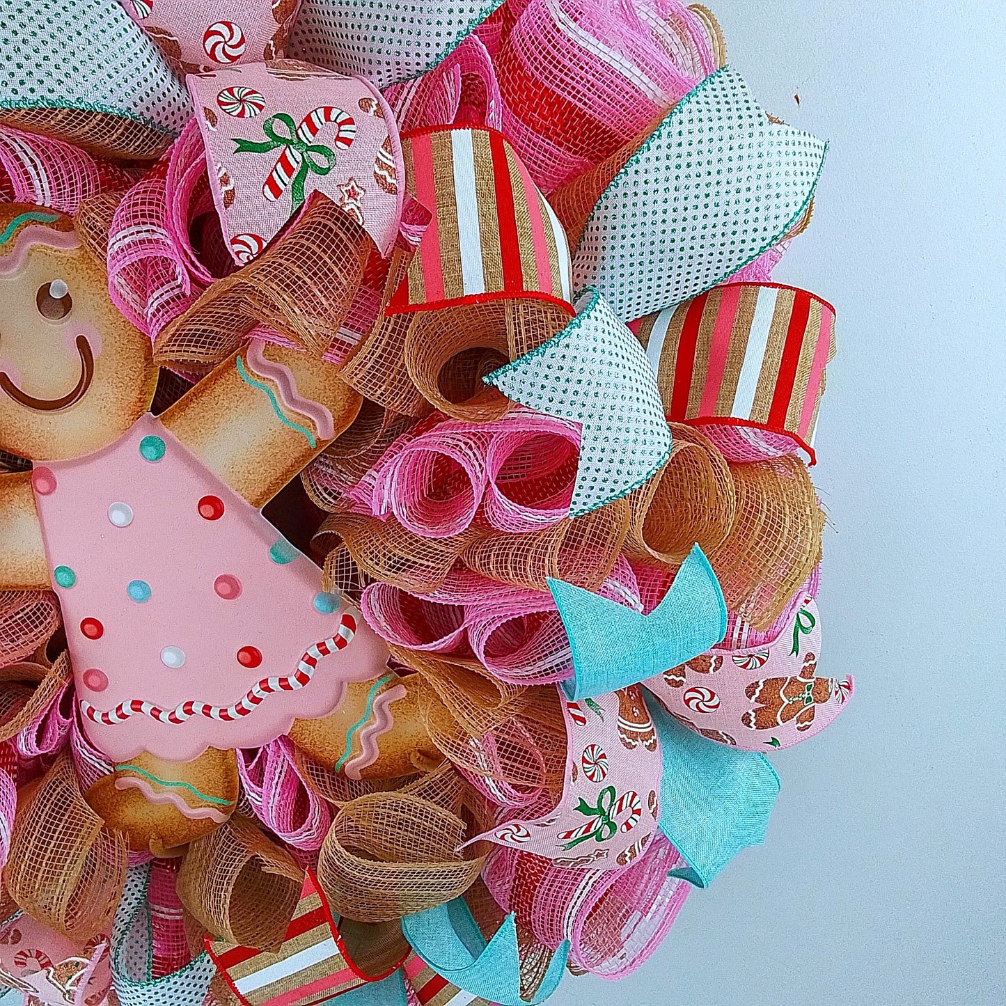 Pink Gingerbread Wreath - Christmas Outdoor Holiday Wreath - Mesh Front Door Wreath - Turquoise Red Brown White Green