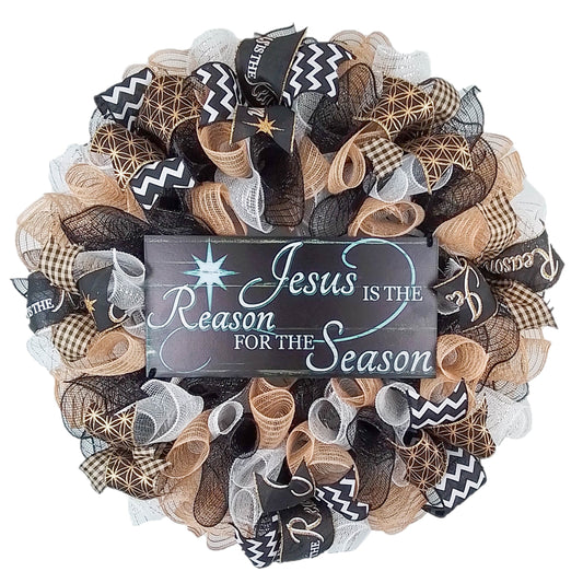Religious Christmas Wreath, Burlap & Ribbon Decor, Holiday Home Accent
